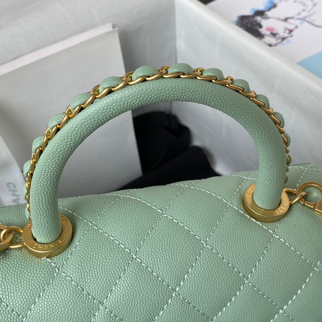 Coco Handle Small Grained Calfskin Handbag With Top Handle A92990 Jade Green